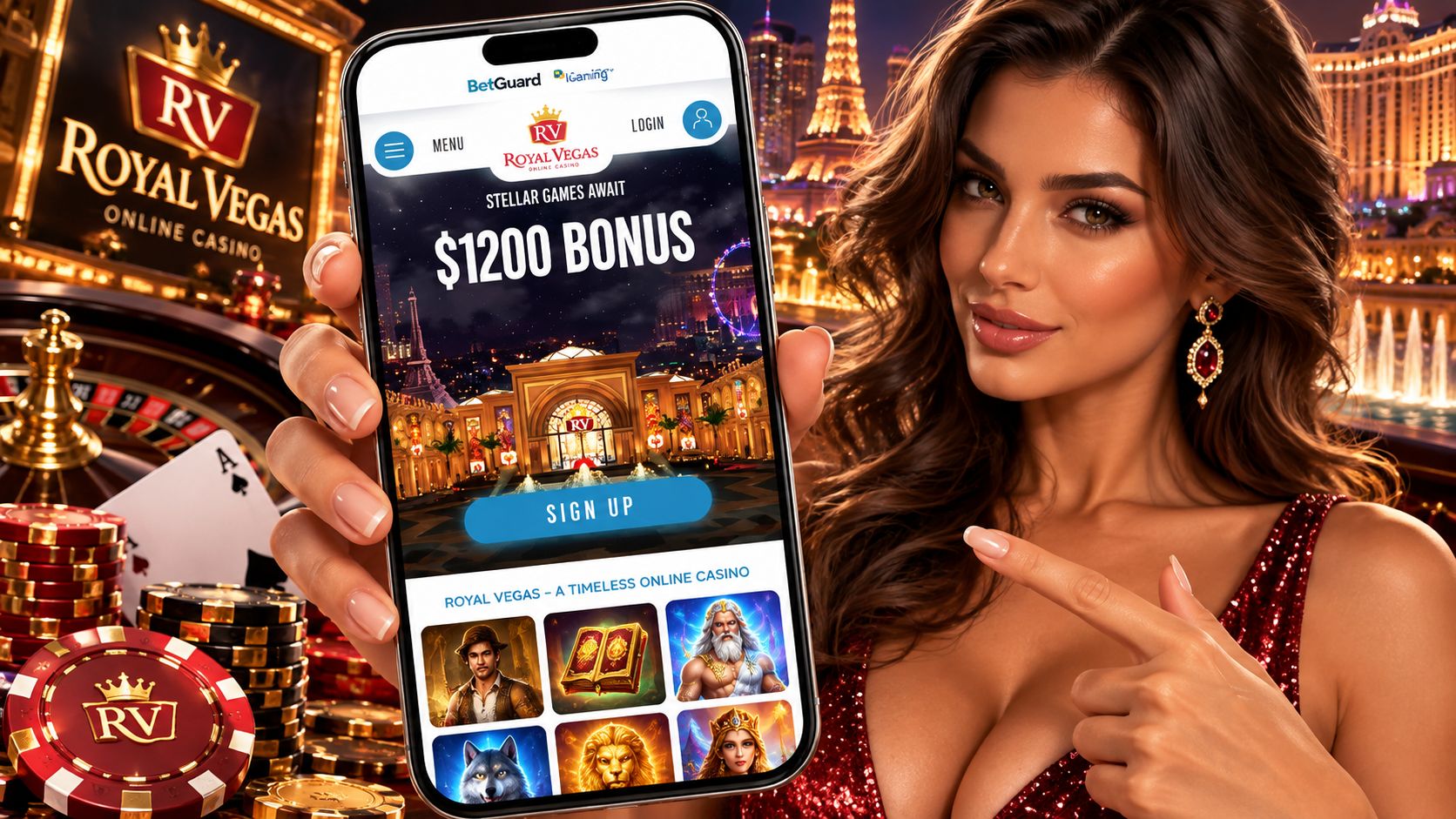 Royal Vegas Casino Review - Bonuses Mobile Casino Games Free pins and Alternatives | SistersSites.co.uk Woman in a red dress holding a smartphone showing a Royal Vegas online casino promotion with a 00 bonus and a Sign Up button against a Vegas-themed backdrop.