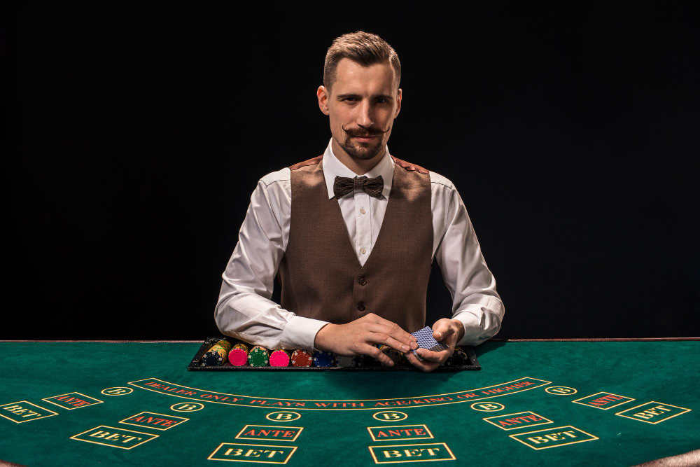 A professional dealer hosting a live casino game