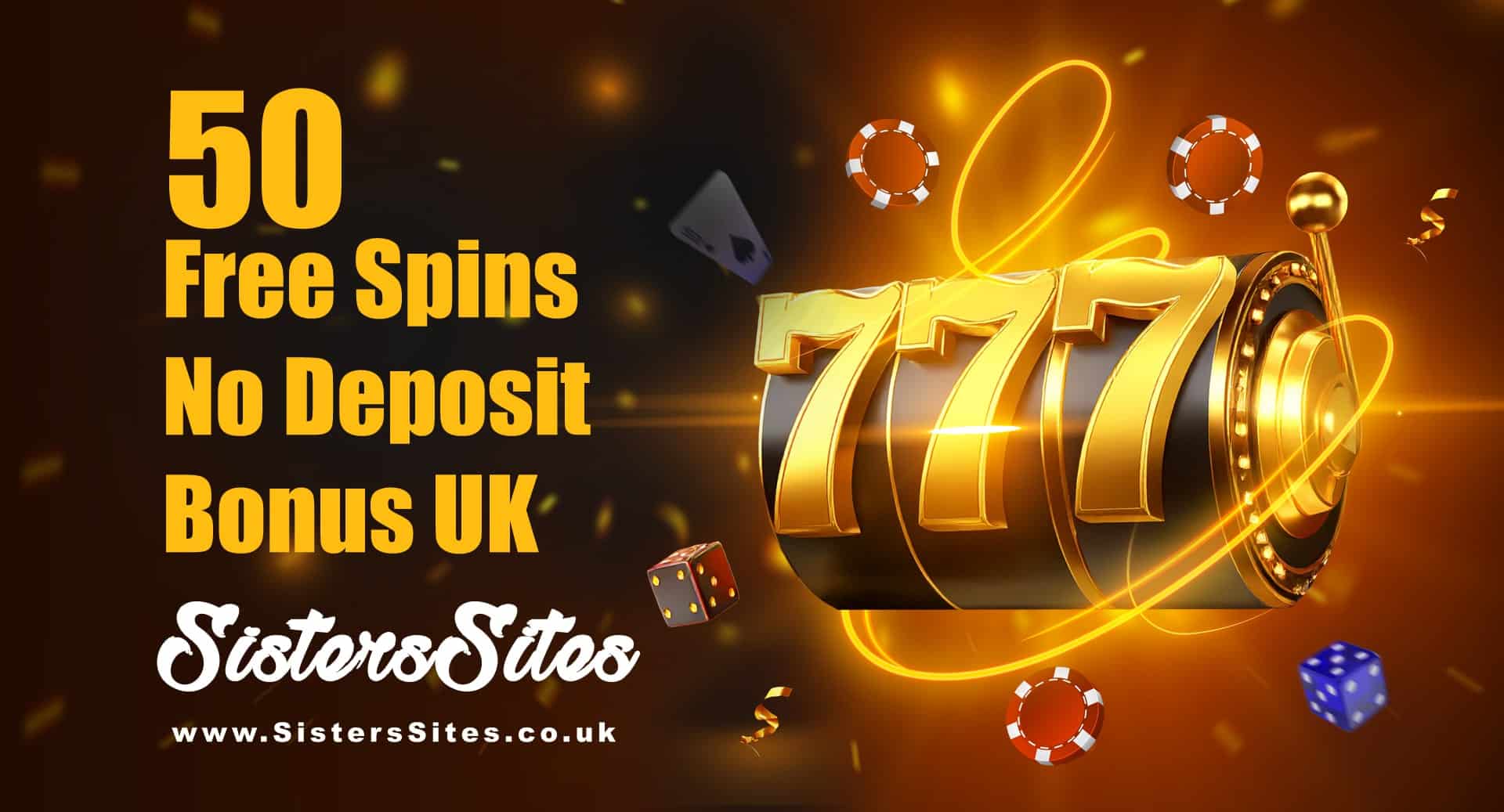 50 Free Spins No Deposit UK Bonus with 777 slot machine and casino elements