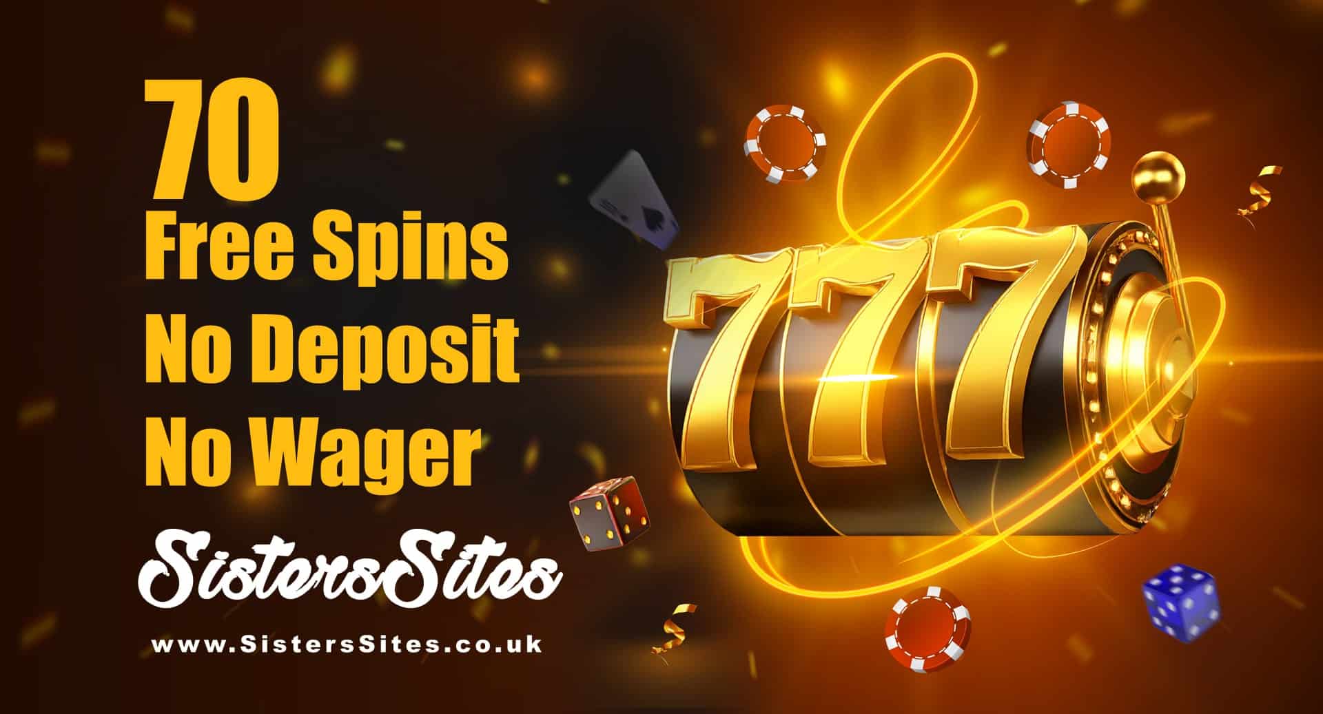 70 Free Spins No Deposit No Wager Bonus UK with 777 slot machine and casino elements