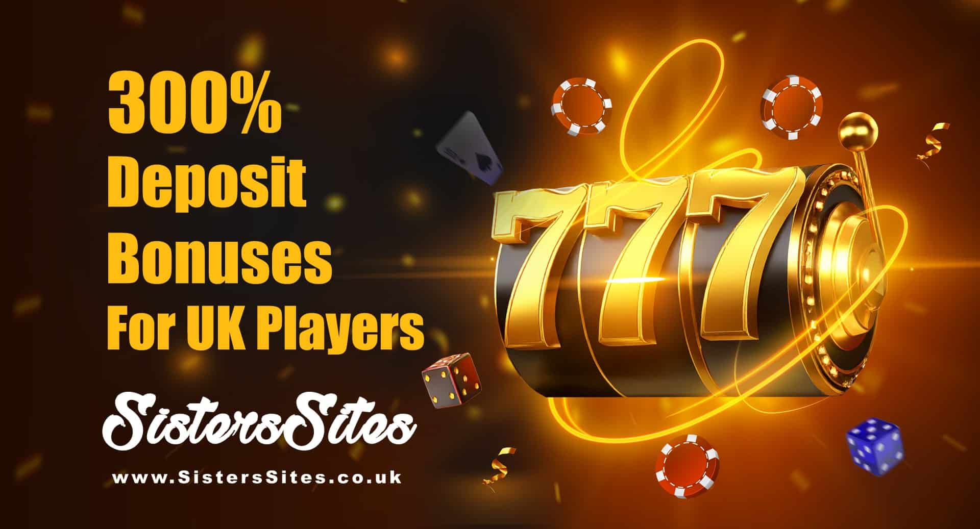 300% Deposit Bonus with orange letters, 777 slot machine and casino elements