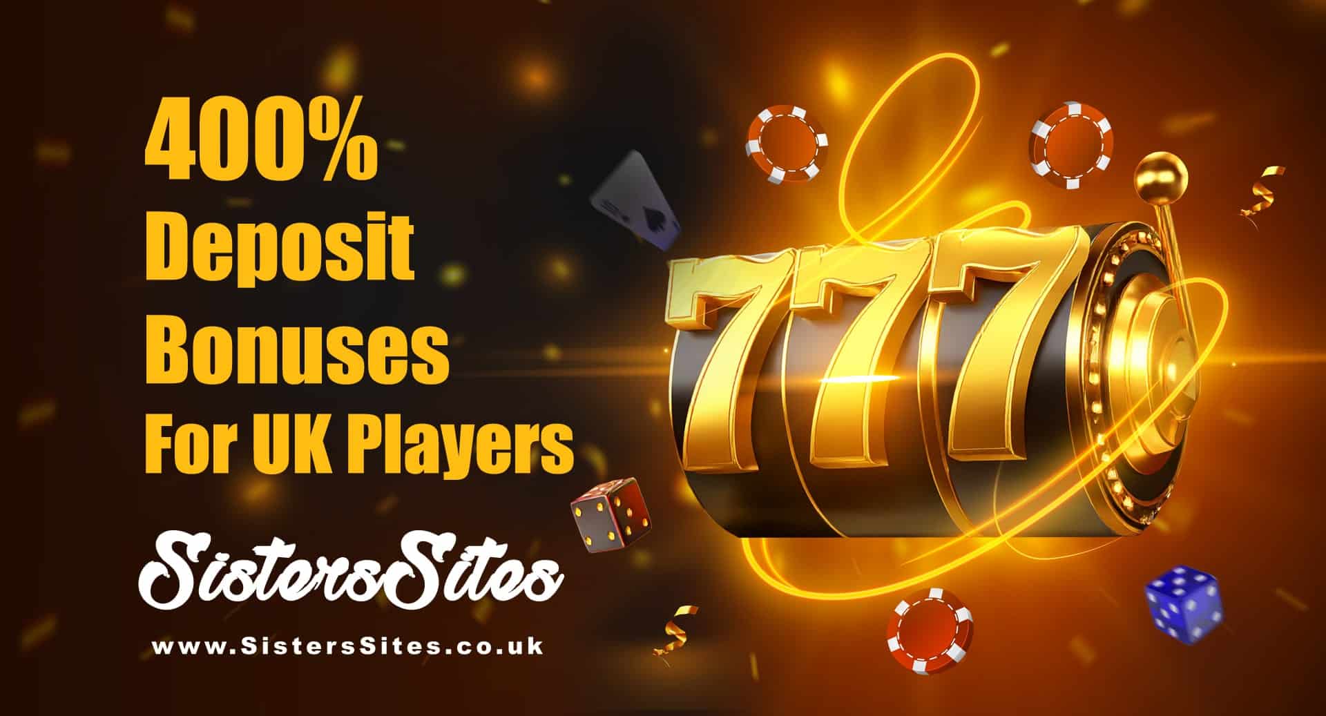 400% Deposit Bonus casinos with orange letters, 777 slot and casino elements