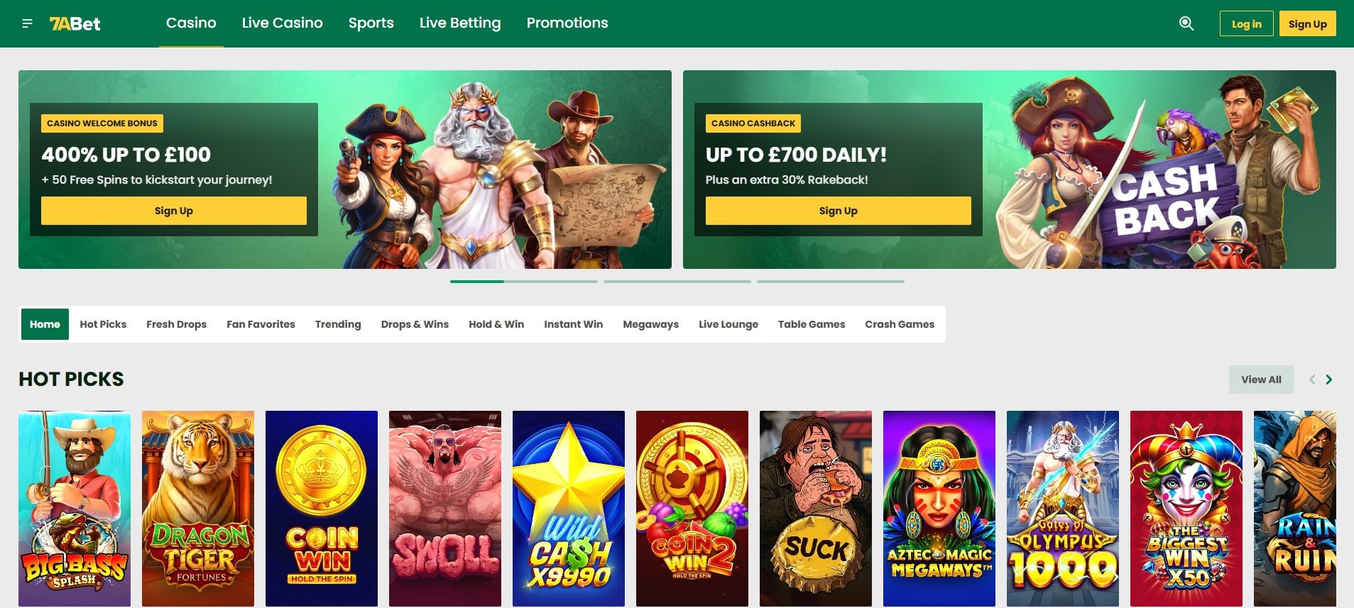 7aBet Casino Review | SistersSites.co.uk 7aBet Online casino homepage header with green navigation bar, promo banners, and a row of game icons below the fold.