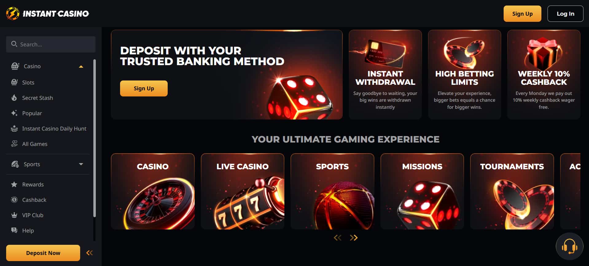 Instant Casino Review - Bonuses Slot Games Withdrawals Deposits | SistersSites.co.uk Instant Casino homepage hero: 'Deposit with your trusted banking method' with a glowing die and orange Sign Up button.