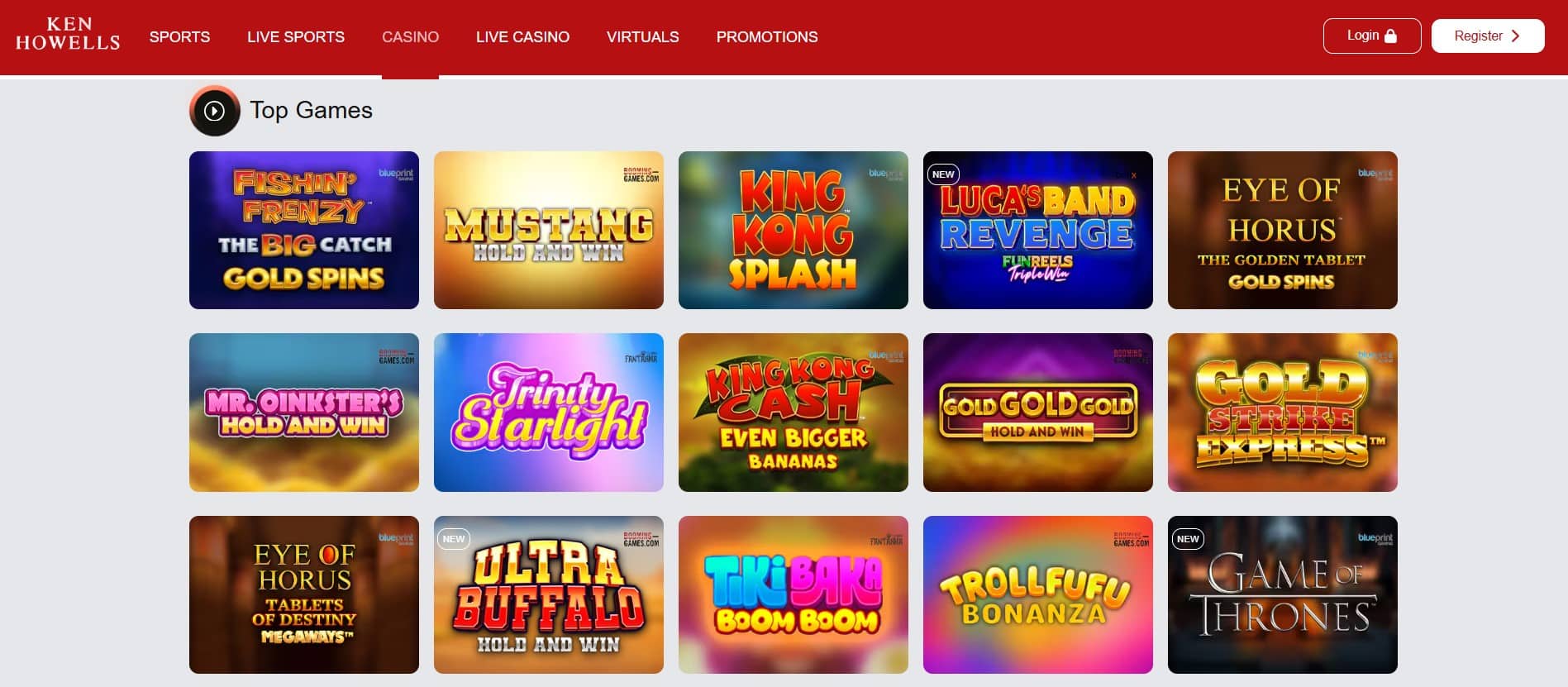 Ken Howells Casino Review Withdrawals Slots and More | SistersSites.co.uk Ken Howells Casino Top Games grid with colorful thumbnails of casino games (e.g., Fishin’ Frenzy, King Kong Splash, Eye of Horus).