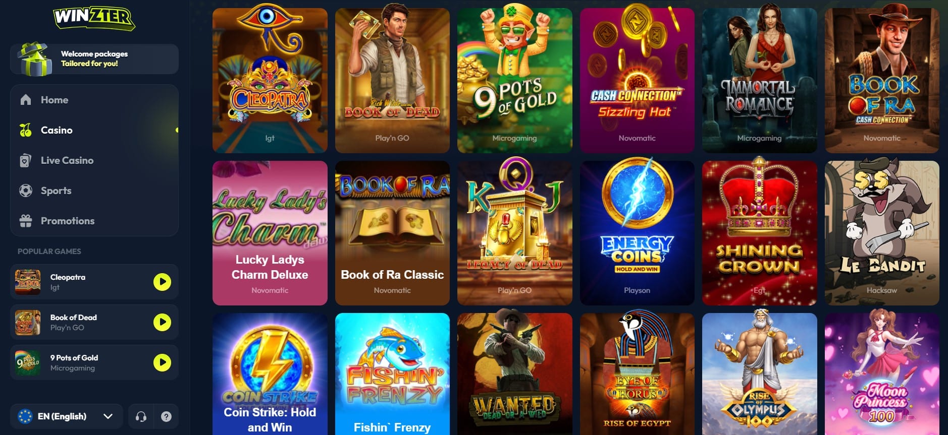 Winzter Casino Review Slot Games Live Casino Bonuses | SistersSites.co.uk Winzter Casino Review - Lobby screen of an online casino showing a grid of colorful game tiles and a dark left navigation pane with menu items like Home, Casino, Live Casino, Sports, Promotions. Left top shows a welcome banner.