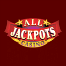 All Jackpots Casino logo with a red ribbon, gold stars, and a yellow banner on a dark red background.