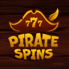 Logo for 'Pirate Spins' slot game featuring a stylized pirate hat with 777 and a feather on a dark wood background.