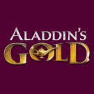 Logo for 'Aladdin's Gold' with gold lettering on a dark purple background, featuring a lamp motif in the word GOLD.
