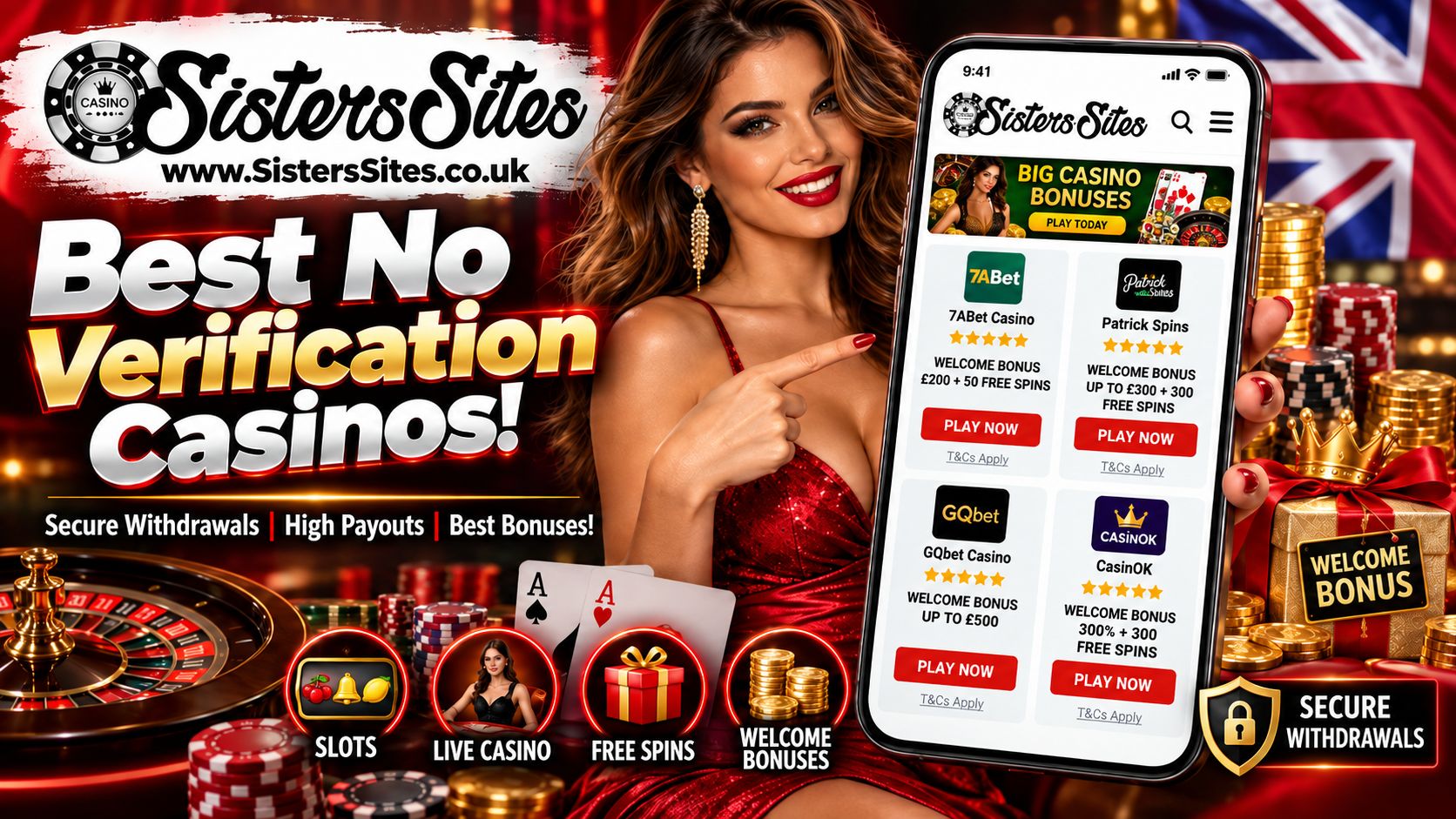 Best No Verification Casinos UK - No ID Verification Secure Withdrawals Top Bonuses | SistersSites.co.uk Best No Verification Casinos UK - No ID Verification Secure Withdrawals Top Bonuses