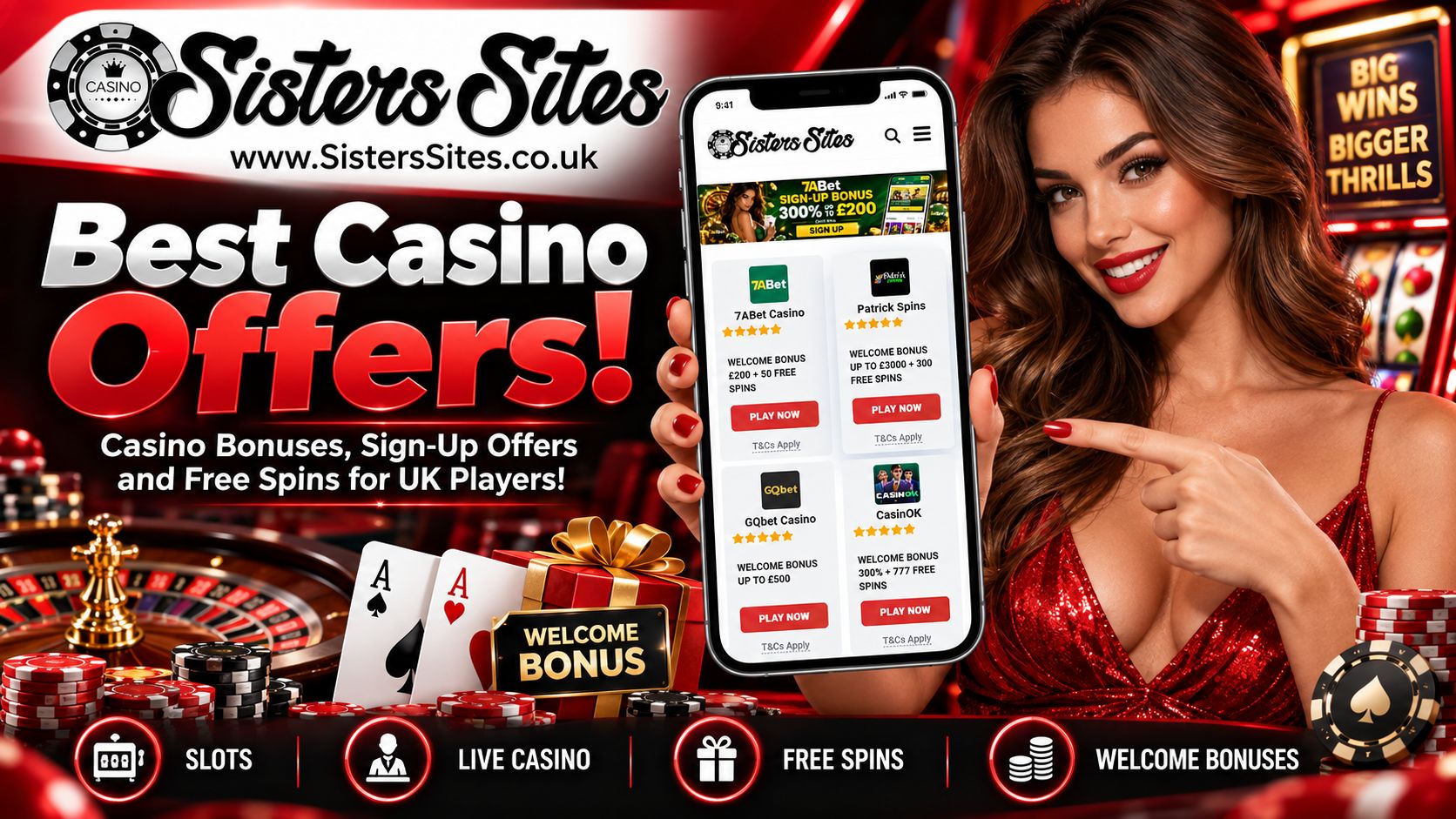 Top Casino Offers - Best Casino Bonuses Sign-Up Offers and Free Spins for UK Players | SistersSites.co.uk Promotional casino banner with a woman in red, a smartphone showing offers, and bold'Best Casino Offers' text.