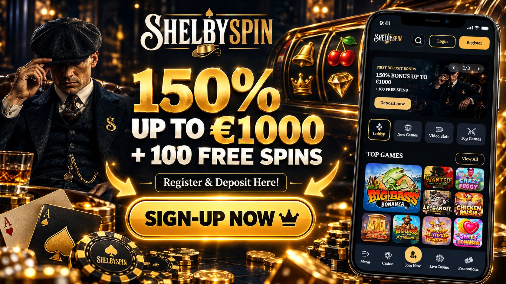 Esclusive ShelbySpin Casino Bonus for UK Players | SistersSites.co.uk Promotional banner for ShelbySpin casino offering 150% up to €1000 plus 100 free spins; features a glossy casino scene and a'Sign-Up Now' button on gold accents.