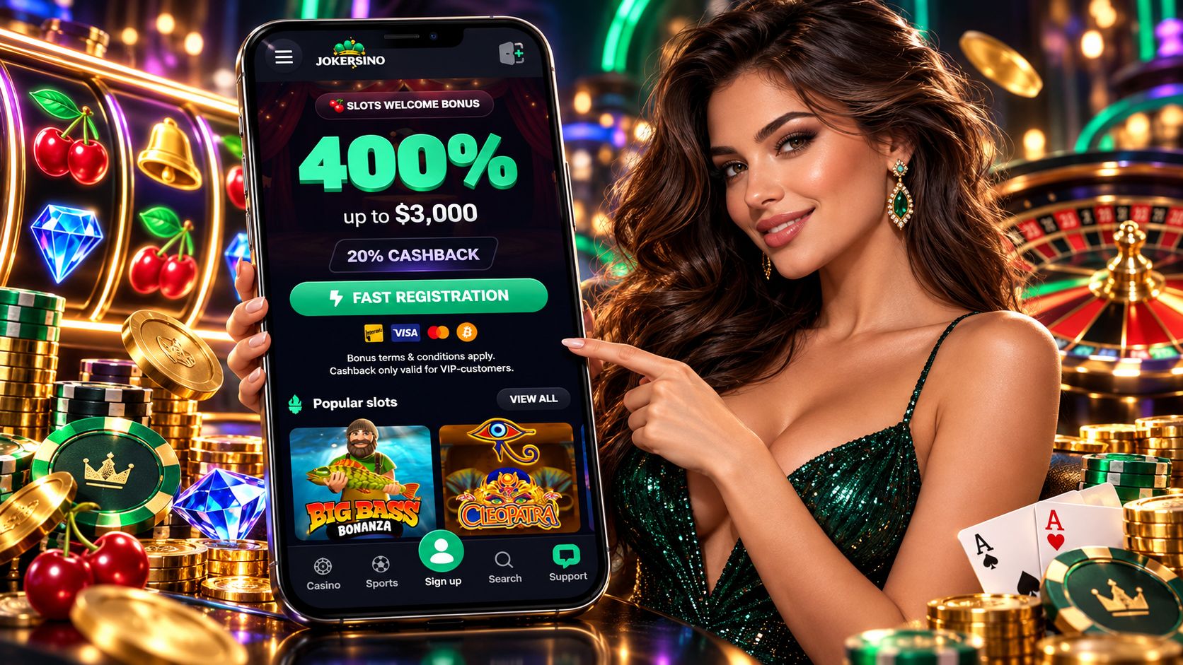 Jokersino Casino Review - Mobile App Welcome Bonus Casino Games Alternatives and More | SistersSites.co.uk Woman in a green dress holds a smartphone displaying a Jokersino casino app promo with 400% bonus and'Fast Registration' banner.