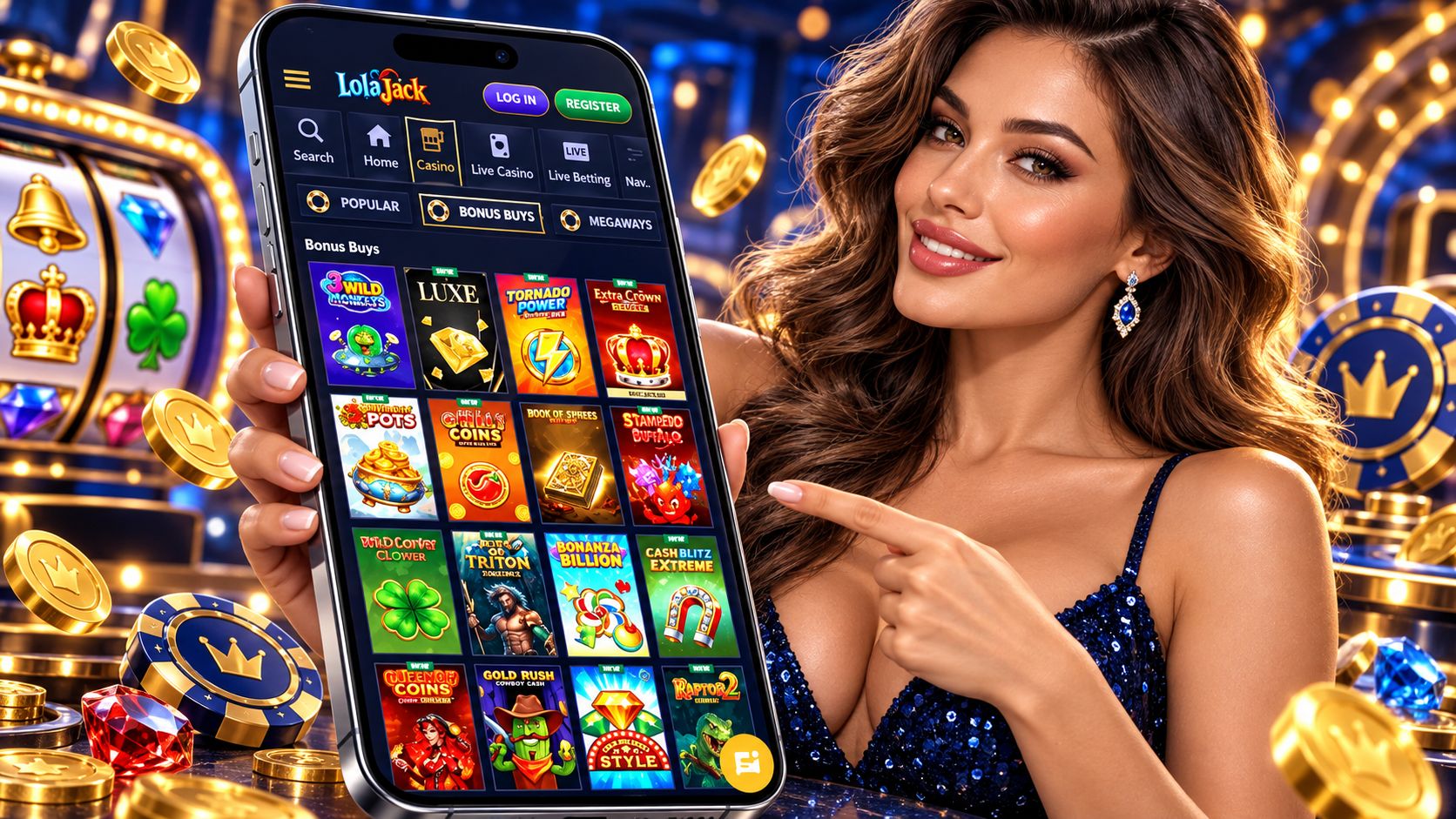 Lola Jack Casino Review - Mobile App Casino Games Safety Alternatives and More | SistersSites.co.uk Smiling woman in a blue sequin dress holds a large smartphone showing a LolaJack casino app with colorful game tiles and gold coins around her.