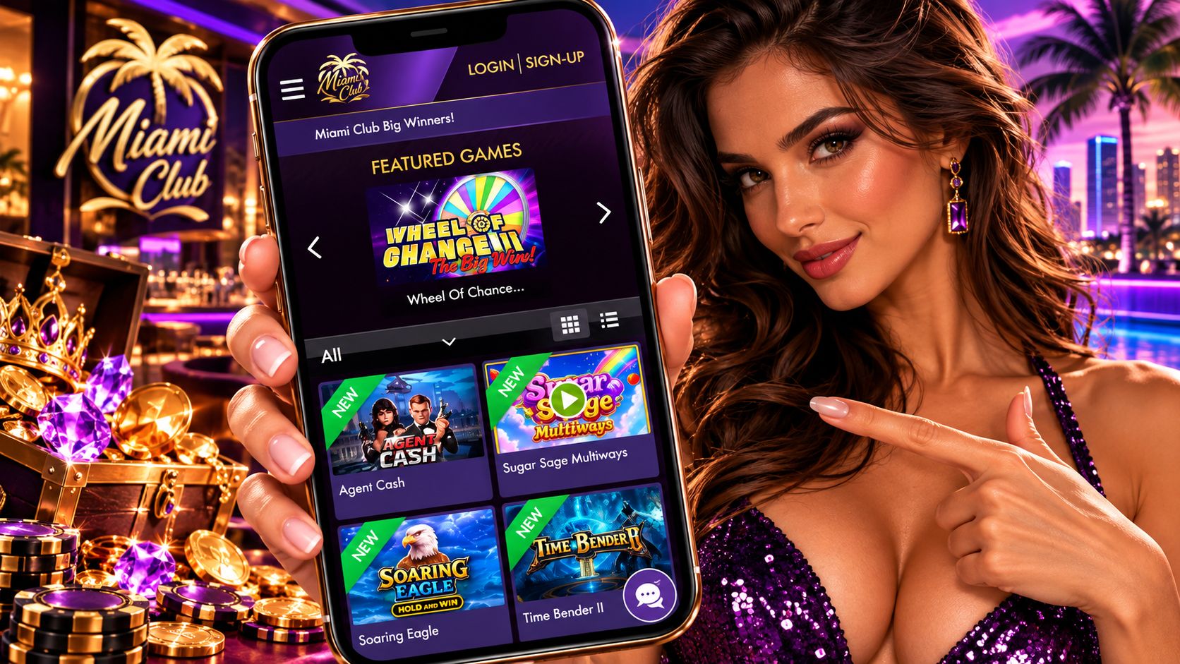 Miami Club Casino Review - Mobile App Welcome Bonus Casino Games Alternatives and More | SistersSites.co.uk Glamorous woman in a purple outfit holds a smartphone showing a Miami Club Casino gaming app with featured games and a gold casino backdrop behind.