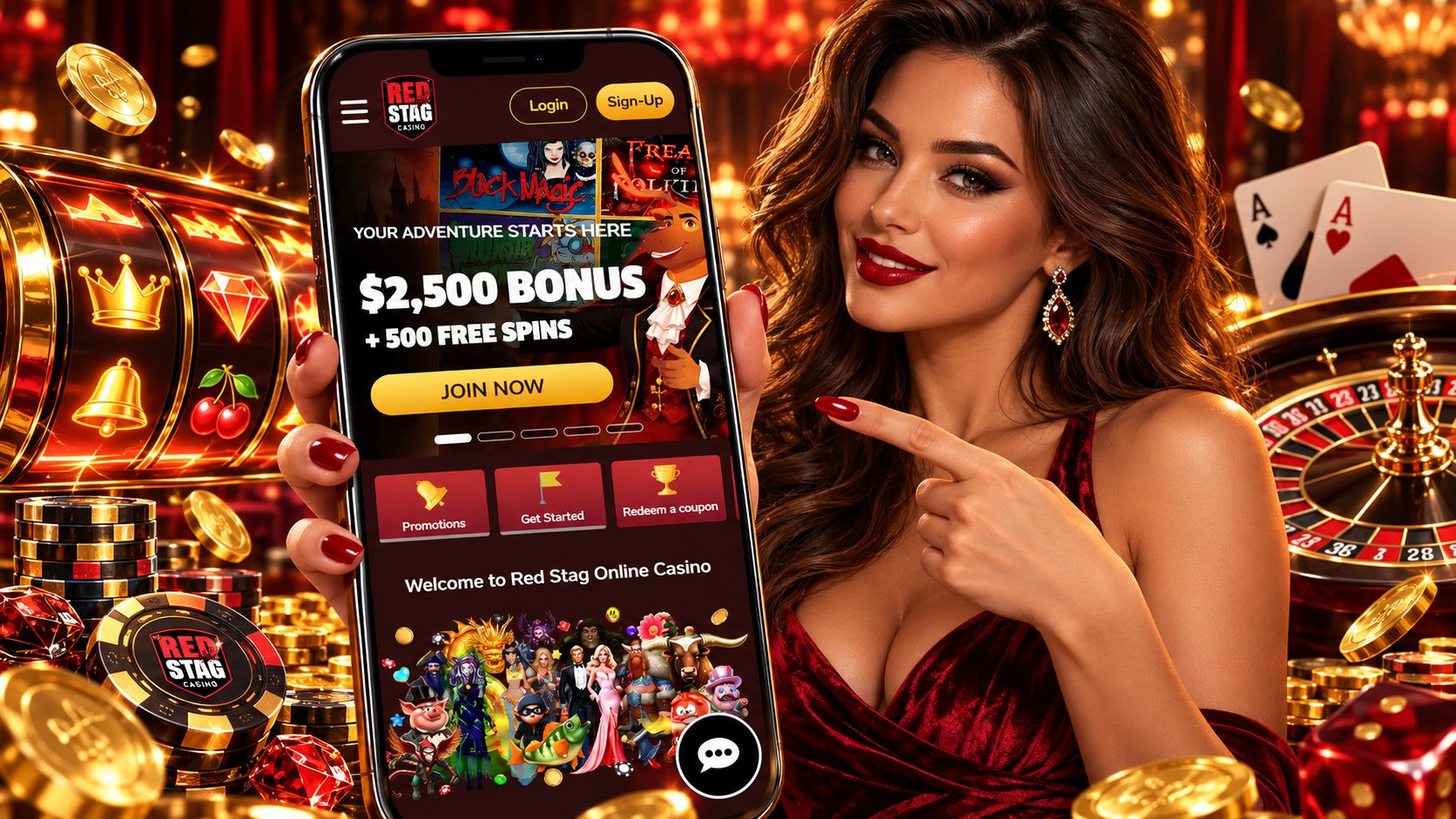 Red Stag Casino Review - Mobile App Welcome Bonus Casino Games Alternatives and More | SistersSites.co.uk Woman in a red dress holds up a smartphone showing an Red Stag Casino promo ("