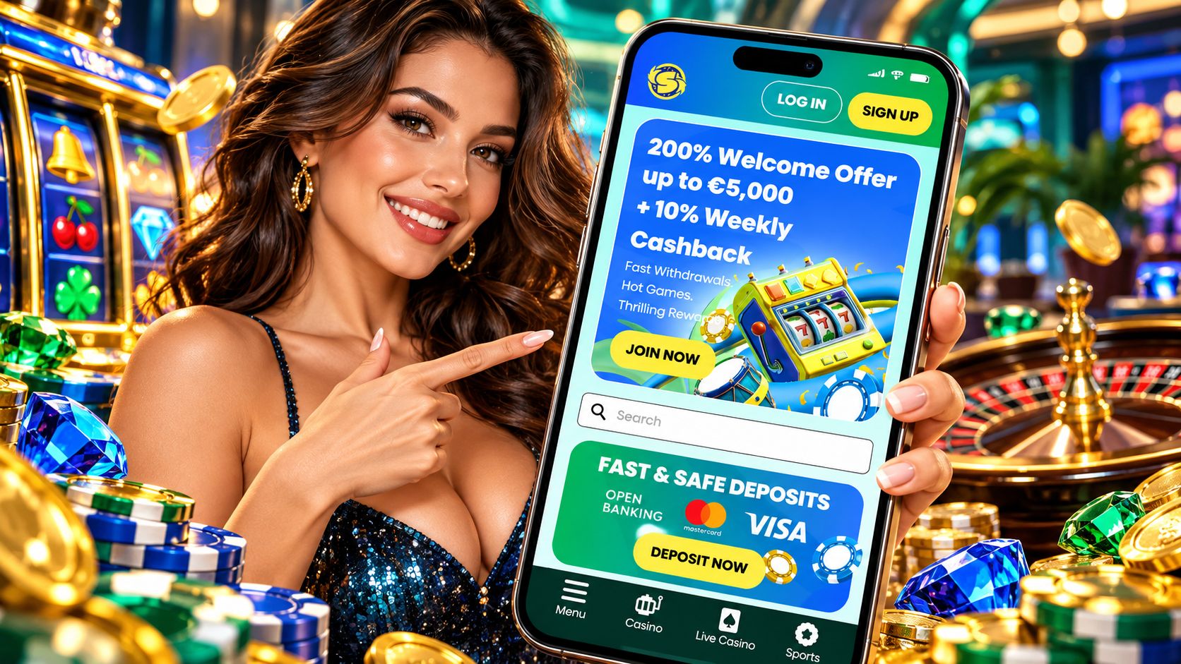 Samba Slots Casino Review - Mobile App Welcome Bonus Casino Games Alternatives and More | SistersSites.co.uk Smiling woman in a casino holding a smartphone that shows Samba Slots casino app with a 200% welcome offer and a Join Now button.