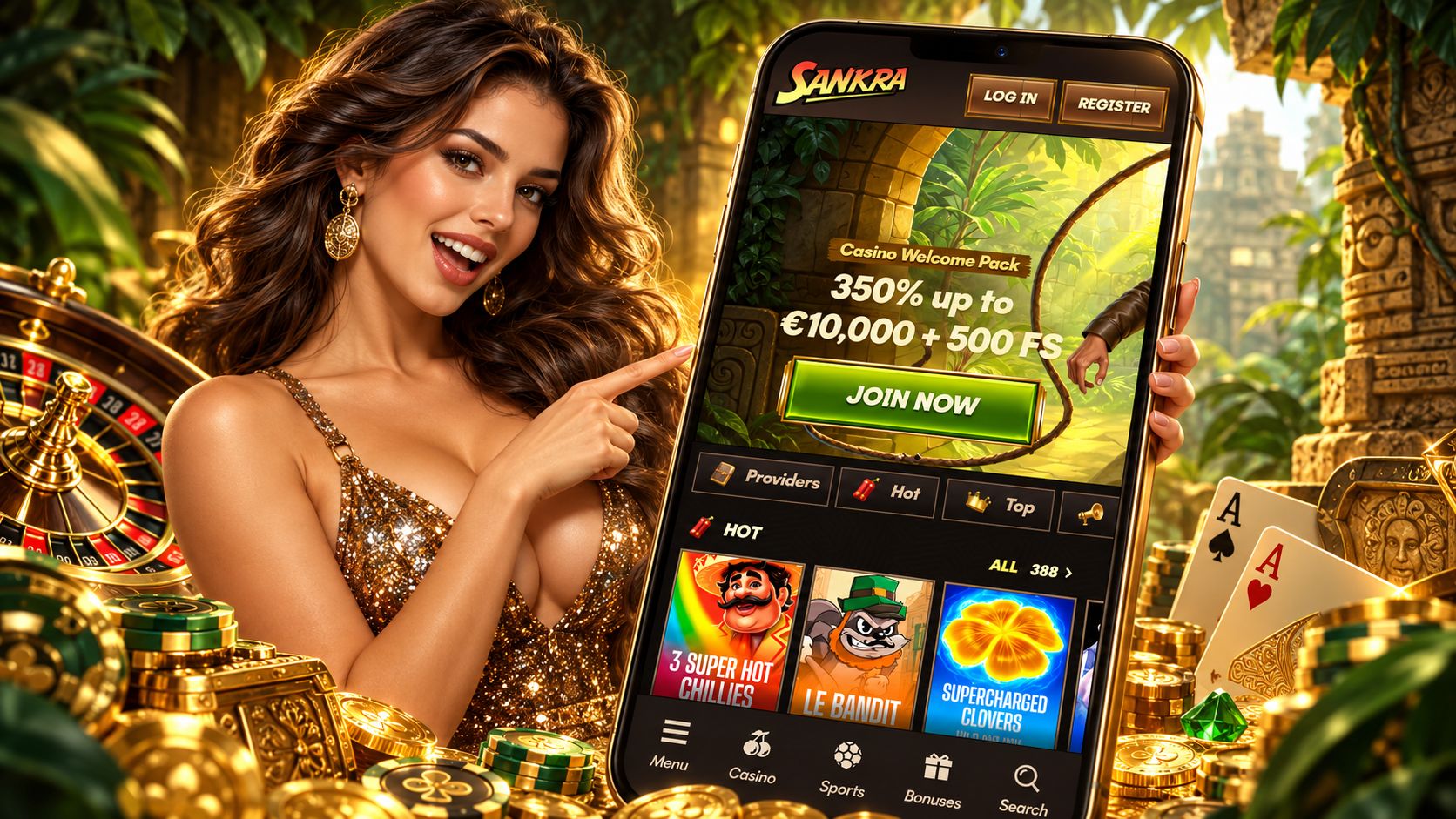 Sankra Casino Review - Bonus Mobile Casino Games Alternatives Safety and More | SistersSites.co.uk Glamorous woman in a sparkling gold dress points to a large smartphone displaying a Sankra casino app with a'Join Now' button amid tropical decor and roulette wheels in the background.