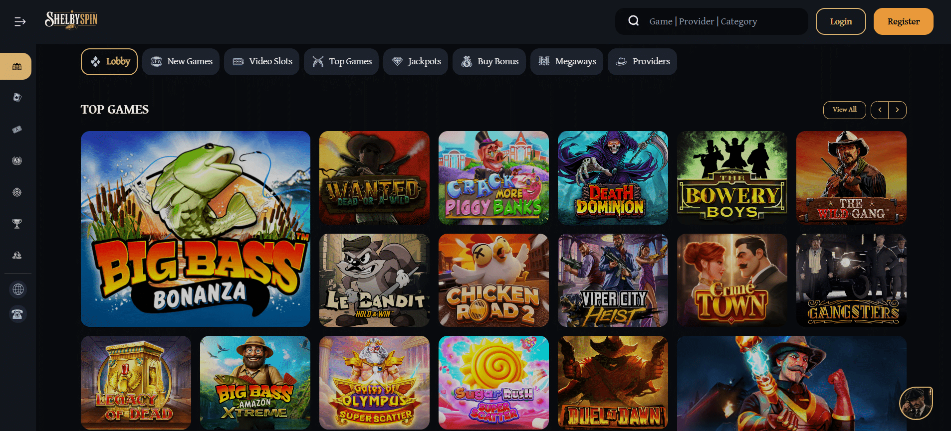 ShelbySpin Casino Lobby | SistersSites.co.uk ShelbySpin casino lobby page displaying a grid of colorful top game tiles under the Top Games section, dark theme UI.