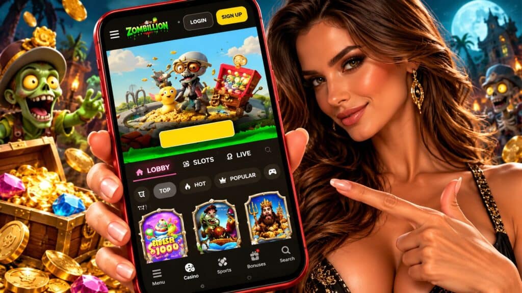 Zombillion Casino Review - Bonus Mobile Casino Games Alternatives Safety and More | SistersSites.co.uk Woman holds a smartphone showing a colorful Zombillion casino app with treasure, coins, and game icons on the screen.